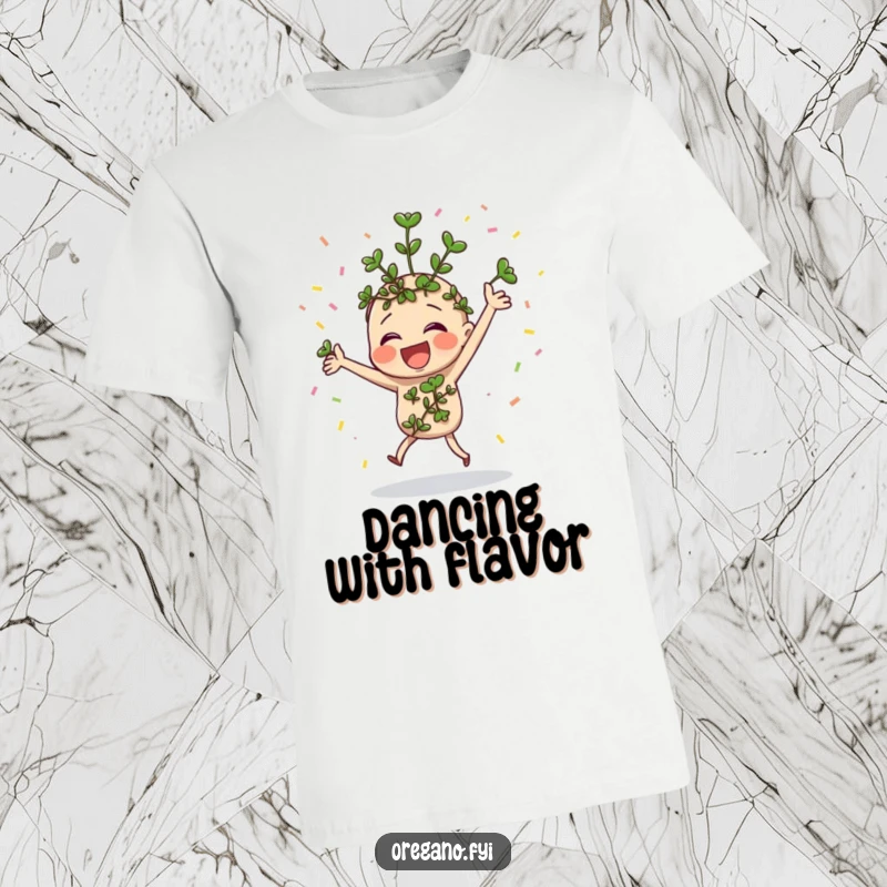 Funny oregano sprig character in a celebratory dance surrounded by confetti, a humorous herb apparel.
