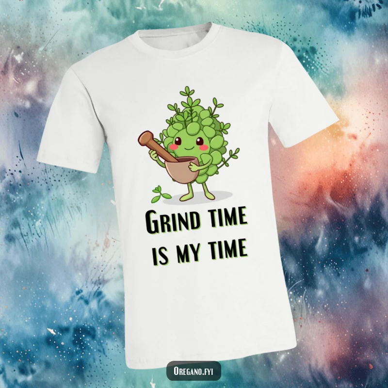 Funny t-shirt graphic: An oregano leaf character confidently holds a small mortar and pestle, preparing to grind fresh herbs with a smile.