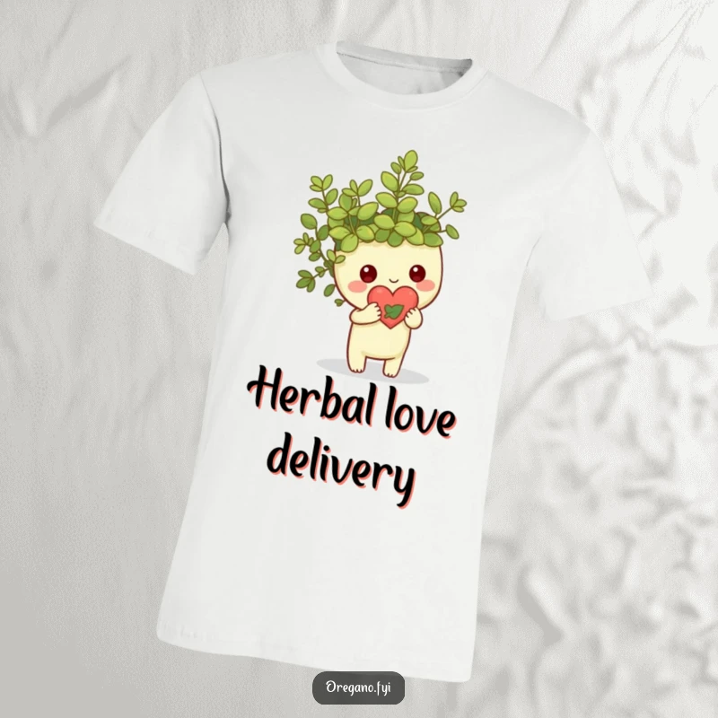 Funny Kawaii oregano sprig character holding a small heart made of leaves, cute and natural t-shirt design, perfect for expressing love.