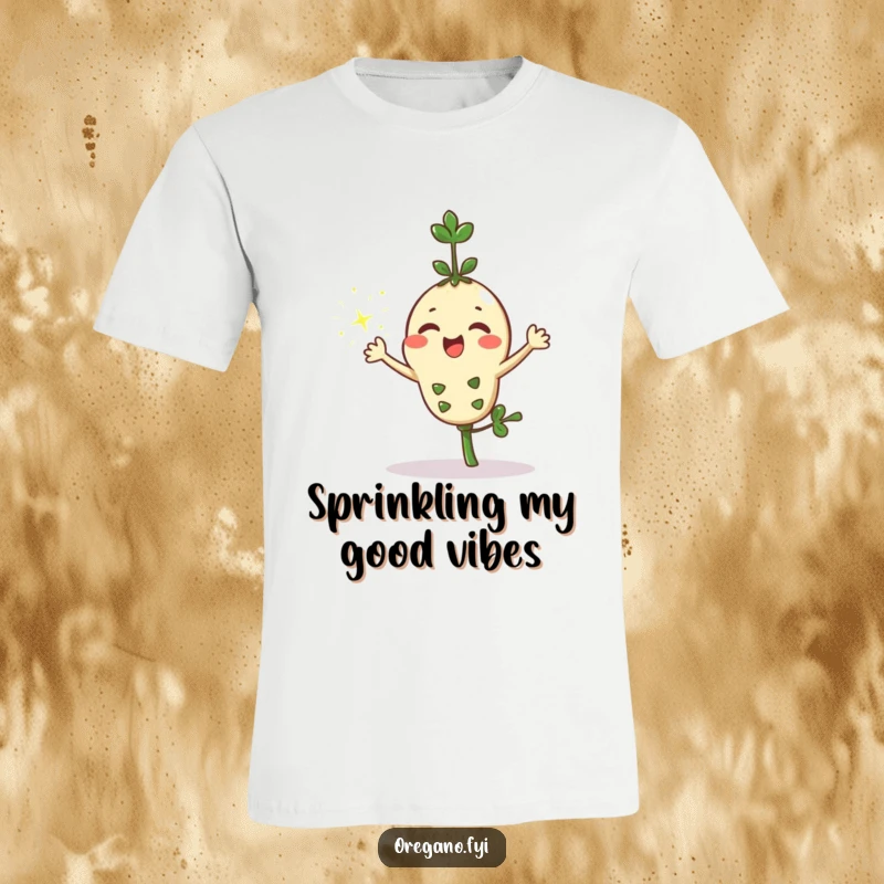 Funny Kawaii oregano sprig character joyfully sprinkling shiny sparkles from its leafy body on a comfortable t-shirt, celebrating herb magic.