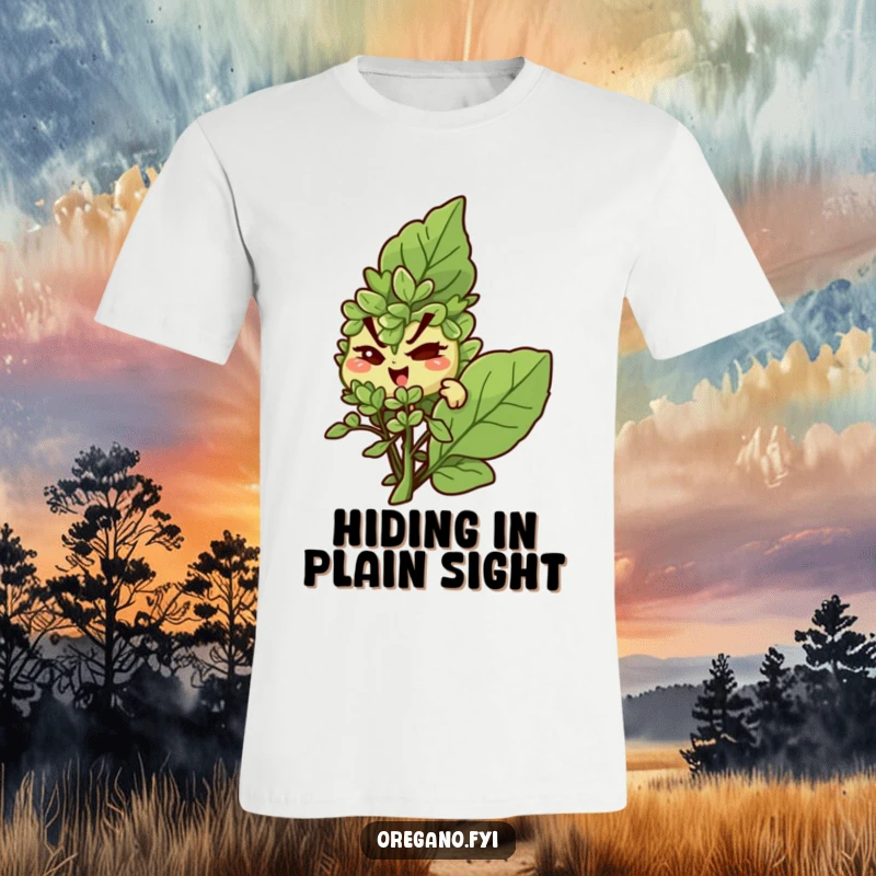Funny t-shirt: An oregano character winks mischievously from behind a large basil leaf, hinting at secrets.