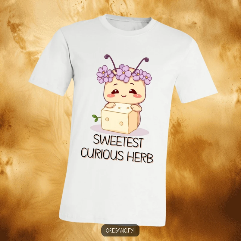 Funny T-shirt depicting a smiling oregano herb with two small antennae, curiously examining a sugar cube with intense focus.