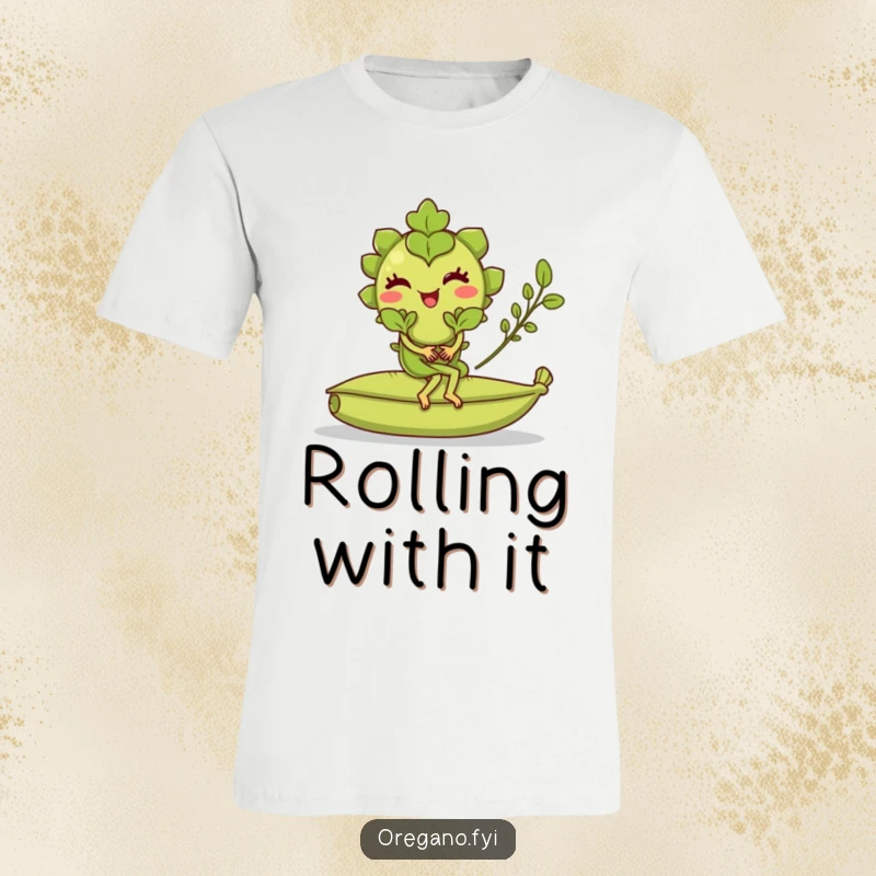 Funny t-shirt featuring a winking oregano leaf character riding a rolling bay leaf, a playful and humorous culinary design.