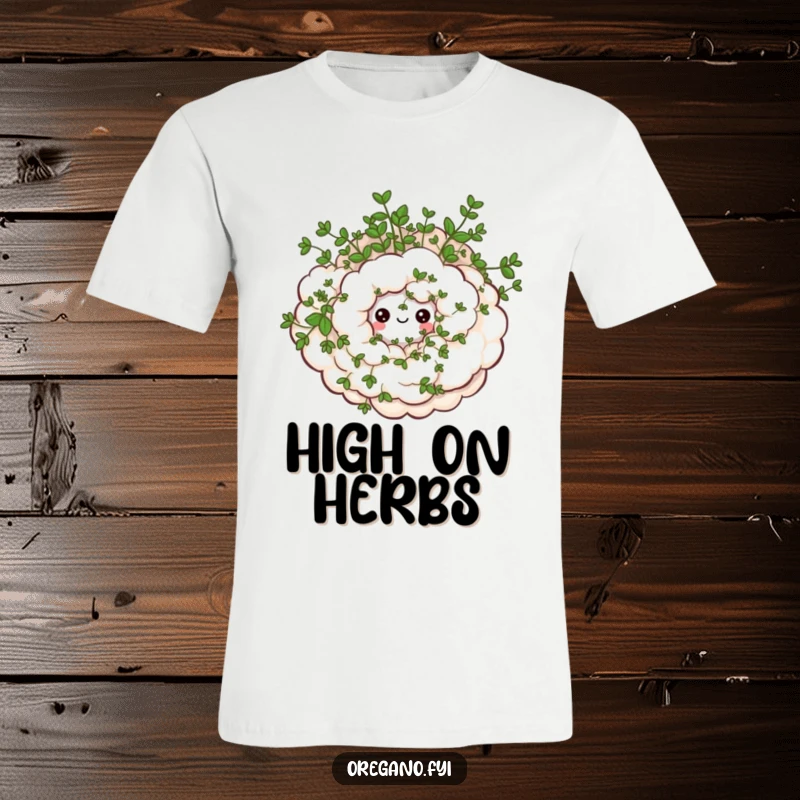 Funny t-shirt showing a swirling cloud formation of oregano with cheerful, small eyes, full of aromatic whimsy. Gift idea.