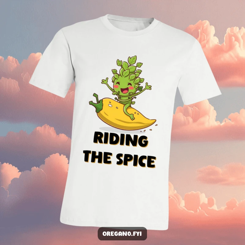 Funny t-shirt depicting a gleeful oregano leaf character expertly riding a rolling red pepper flake, embracing the heat.