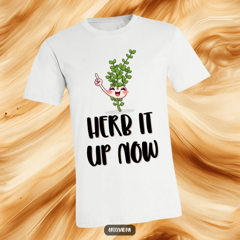 Funny smiling oregano sprig t-shirt pointing upwards with a tiny leaf, conveying direction and humor for herb enthusiasts.