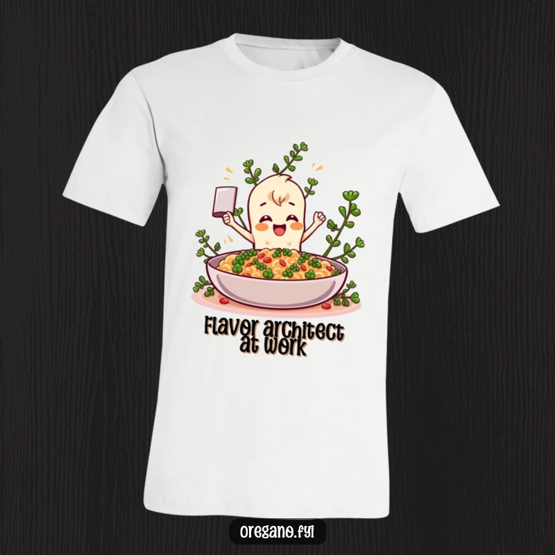 Funny Oregano character t-shirt, enthusiastically adding spices to a massive food creation, showcasing pure joy and culinary passion. A humorous gift idea.