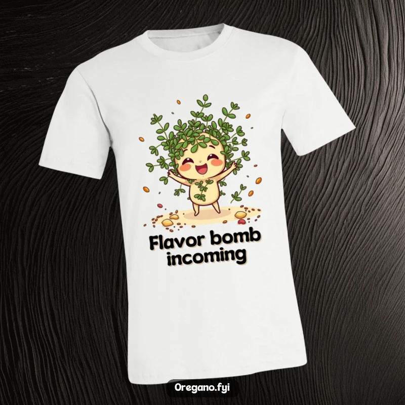Funny Oregano T-Shirt: A gleeful kawaii oregano sprig joyfully scatters imaginary spices, a whimsical culinary artist.