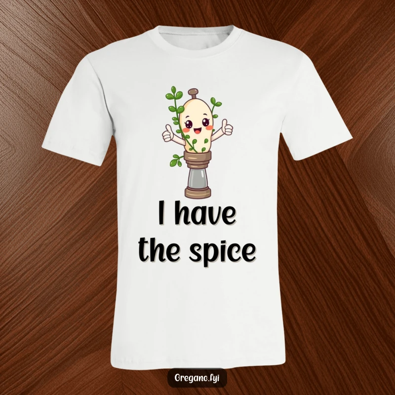 Funny Kawaii oregano sprig character giving a thumbs up while expertly balancing on a pepper mill, humorous herb t-shirt.