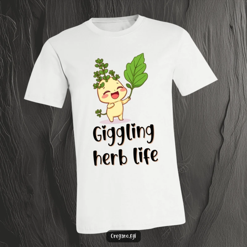Funny t-shirt with a giggling oregano sprig character being playfully tickled by a curry leaf, radiating infectious laughter.