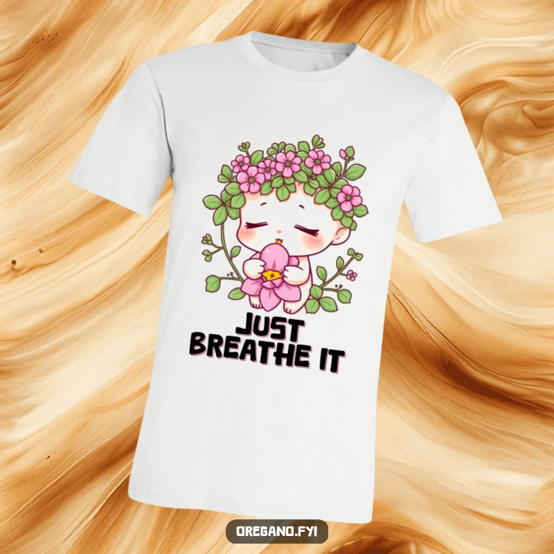 Funny oregano zen t-shirt with a relaxed herb character closing its eyes to smell a blooming flower. Tranquil and humorous apparel.