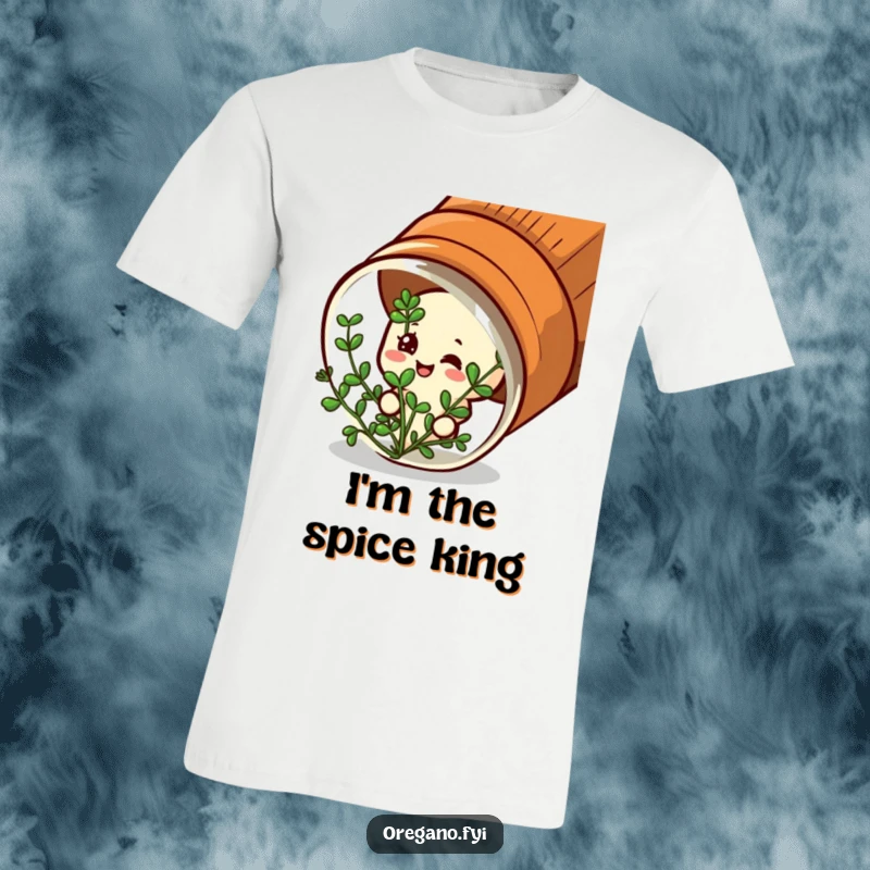 Funny t-shirt: A satisfied oregano character peeks out from a spice jar with a contented expression.