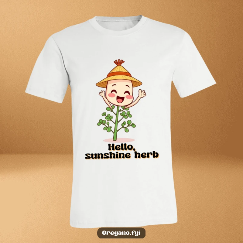 A cheerful oregano sprig character in a tiny straw hat waves enthusiastically, spreading friendly vibes.