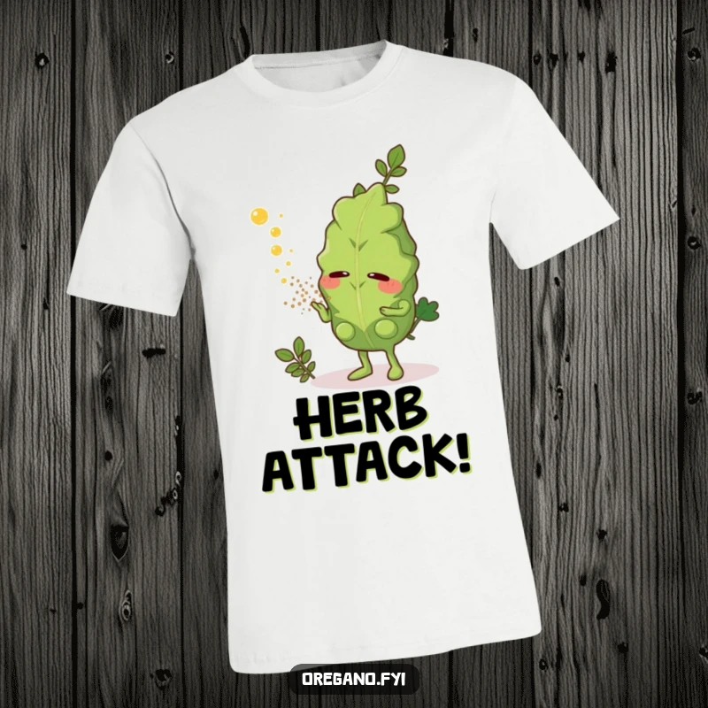 Funny t-shirt with a sneezing oregano leaf character releasing a cloud of aromatic herb dust, a comical spice rack design.