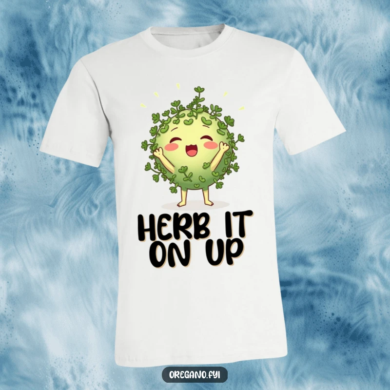 Funny round oregano character t-shirt cheering loudly with tiny leaf-like pom-poms, spirited and humorous apparel for herb lovers.
