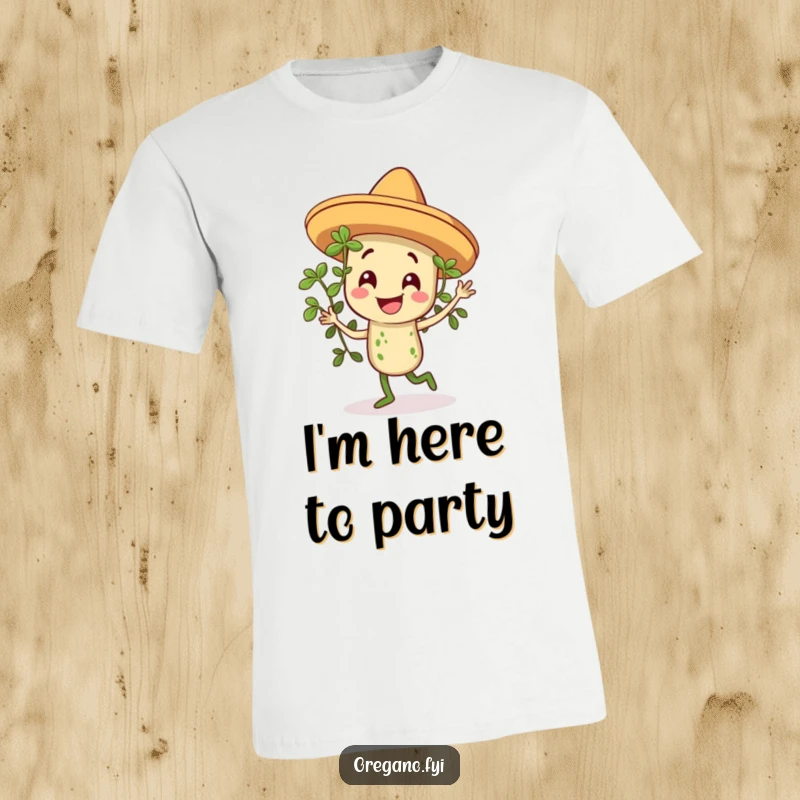 Funny t-shirt showcasing a smiling oregano sprig in a miniature sombrero, energetically dancing with spice and flair.