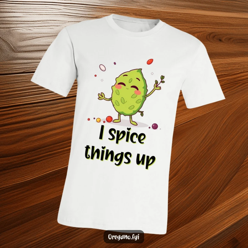 Funny T-Shirt showcasing a giggling oregano leaf character gleefully juggling miniature peppercorns and salt crystals, a culinary comedy tee.
