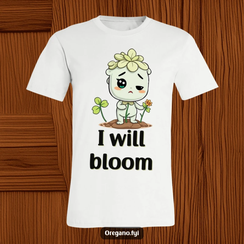 Funny T-Shirt with a determined oregano character trying to sprout a flower, representing effort and aspiration.