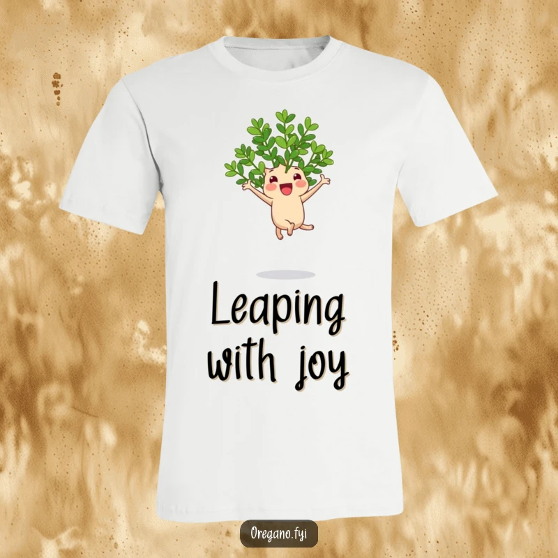 Funny t-shirt depicting a cheerful oregano sprig performing an exhilarating jump on a bouncy leaf with boundless energy.