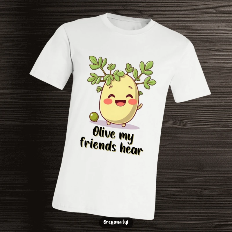 Funny oregano sprig character beaming as a small olive rolls by, a lighthearted and humorous tee.