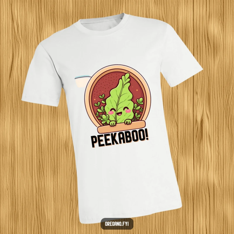 Funny t-shirt with an oregano leaf character grinning while peeking from a spice rack, a playful and humorous design.