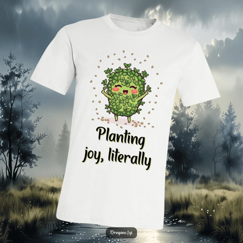 A happy oregano character joyfully scatters small seeds like confetti, celebrating growth and good times.