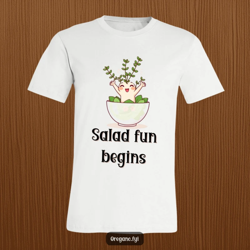 Funny Kawaii oregano sprig character joyfully leaping into a tiny salad bowl, a humorous and energetic t-shirt.