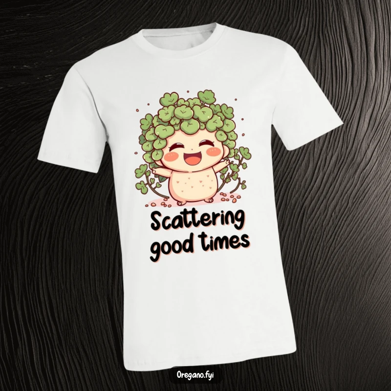 Funny T-shirt featuring an oregano character in mid-laughter, joyfully scattering tiny specks around it.