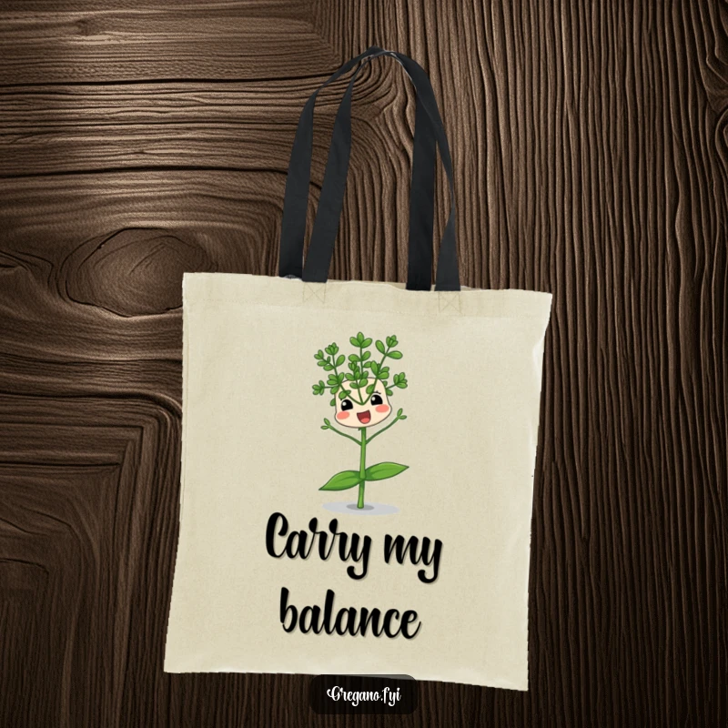 Funny tote bag featuring an oregano sprig character comically trying to balance on a single leaf, ideal for carrying essentials with a humorous touch.