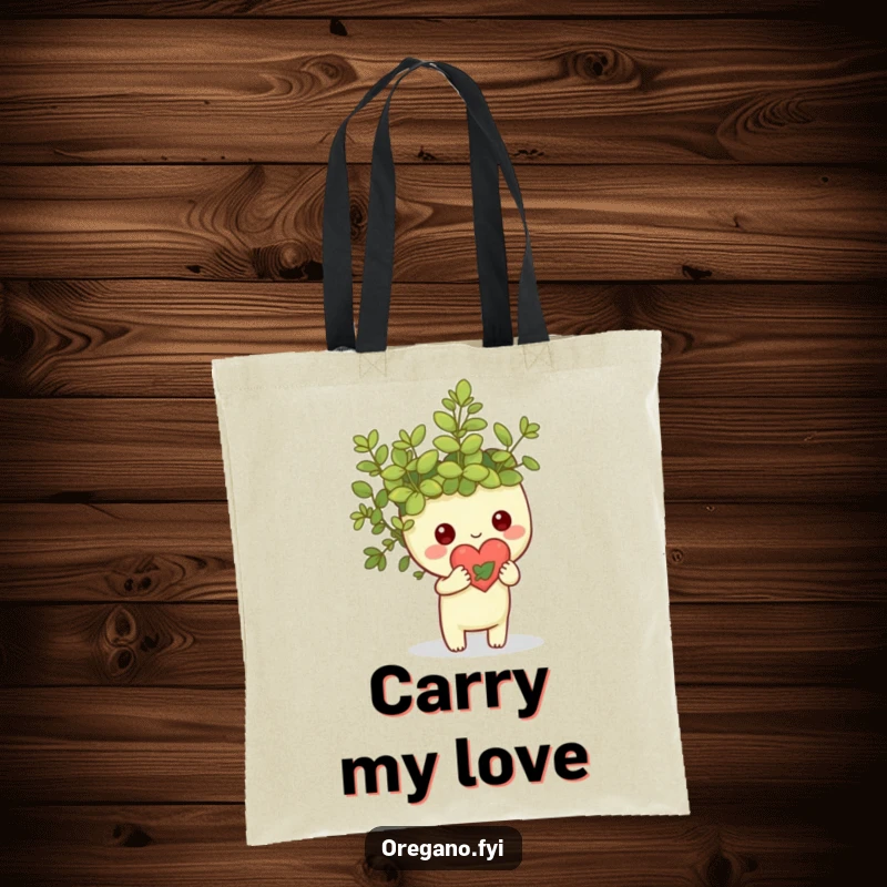 Funny Kawaii oregano sprig character holding a small heart made of leaves, durable tote bag with natural and loving theme, practical accessory.