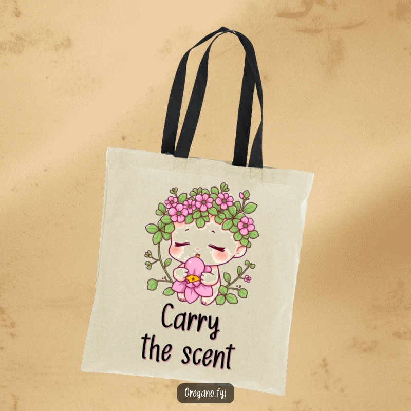 Funny oregano bloom tote bag depicting a relaxed herb character smelling a flower, perfect for carrying peaceful vibes. Whimsical and practical accessory.
