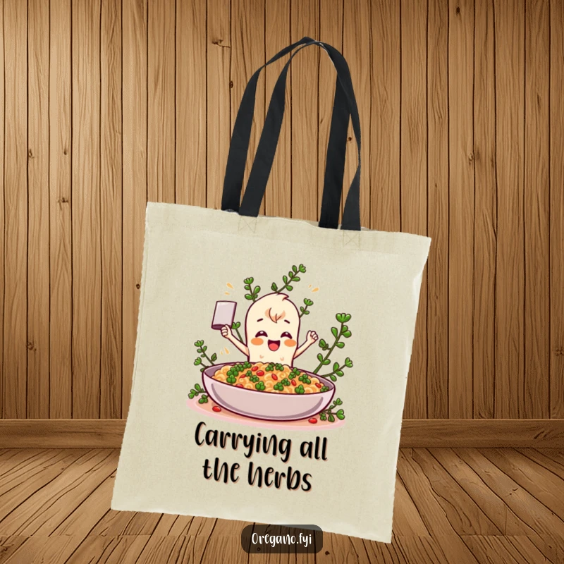 Funny Oregano tote bag, a lively herb character enthusiastically flavoring a colossal dish, perfect for market trips or daily use. A humorous accessory.