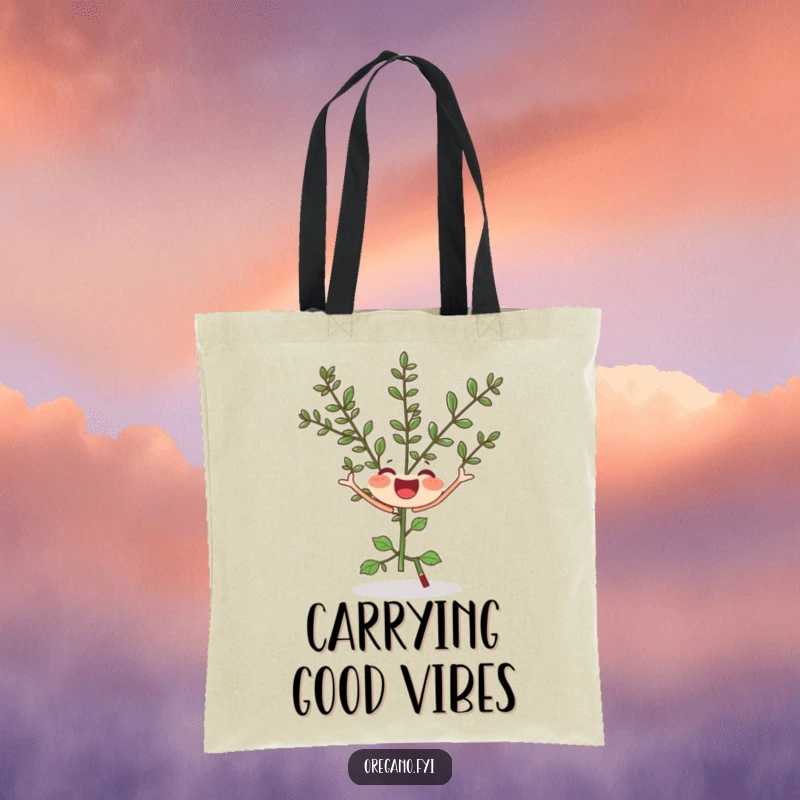 Funny tote bag showing a joyful oregano sprig doing a silly twirl, a practical and humorous herb accessory.