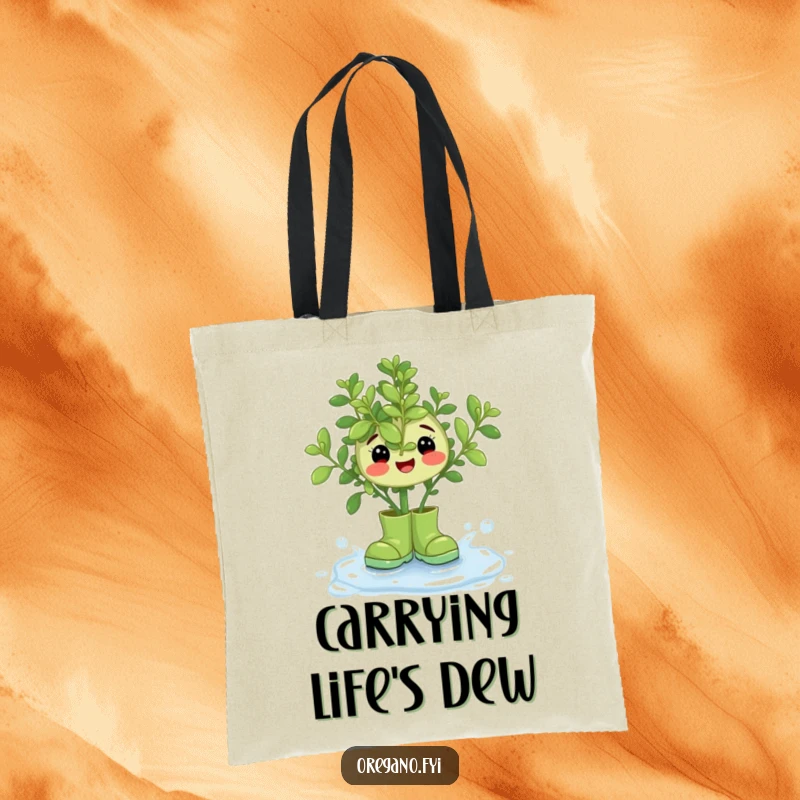 Funny Oregano Rain Boots Tote Bag: A happy oregano character in tiny boots splashing merrily in a dewdrop.