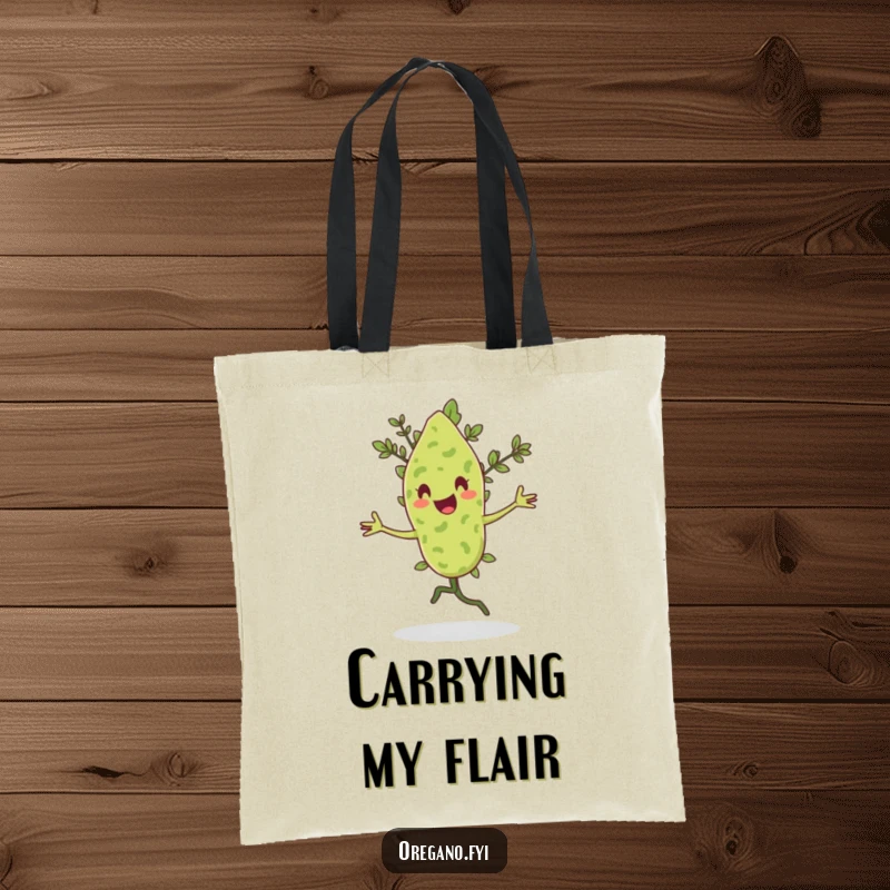 Funny tote bag featuring an oregano leaf character doing a happy pirouette with a flourish.