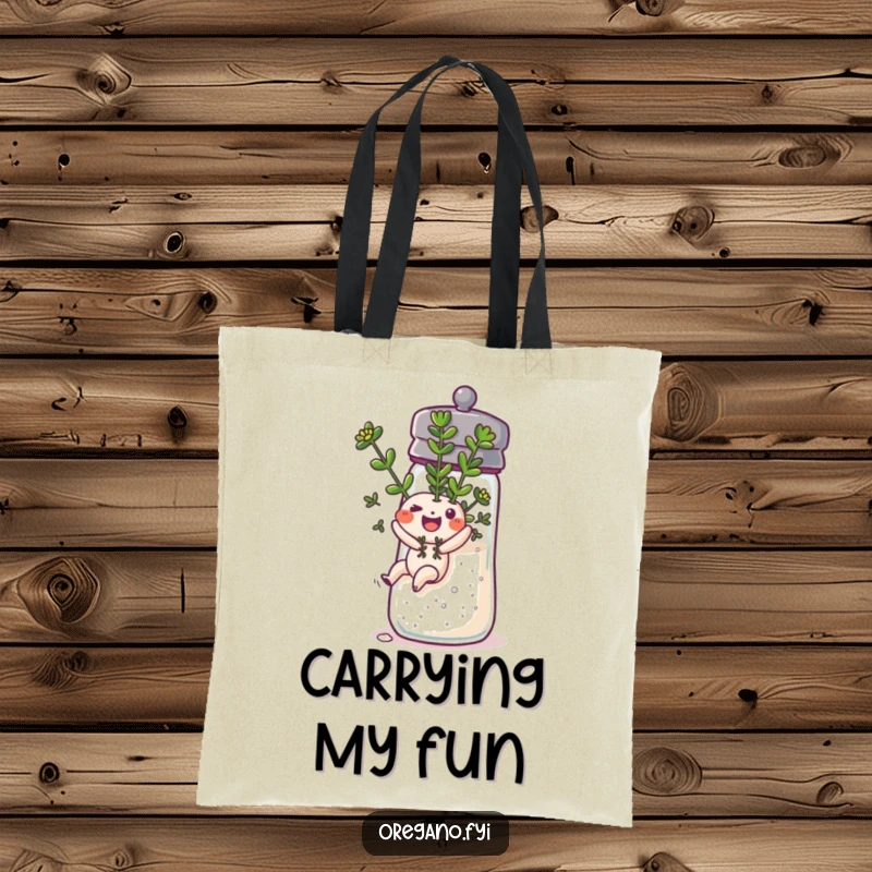 Funny happy oregano sprig character sliding down a salt shaker on a tote bag, perfect for carrying essentials with humor.
