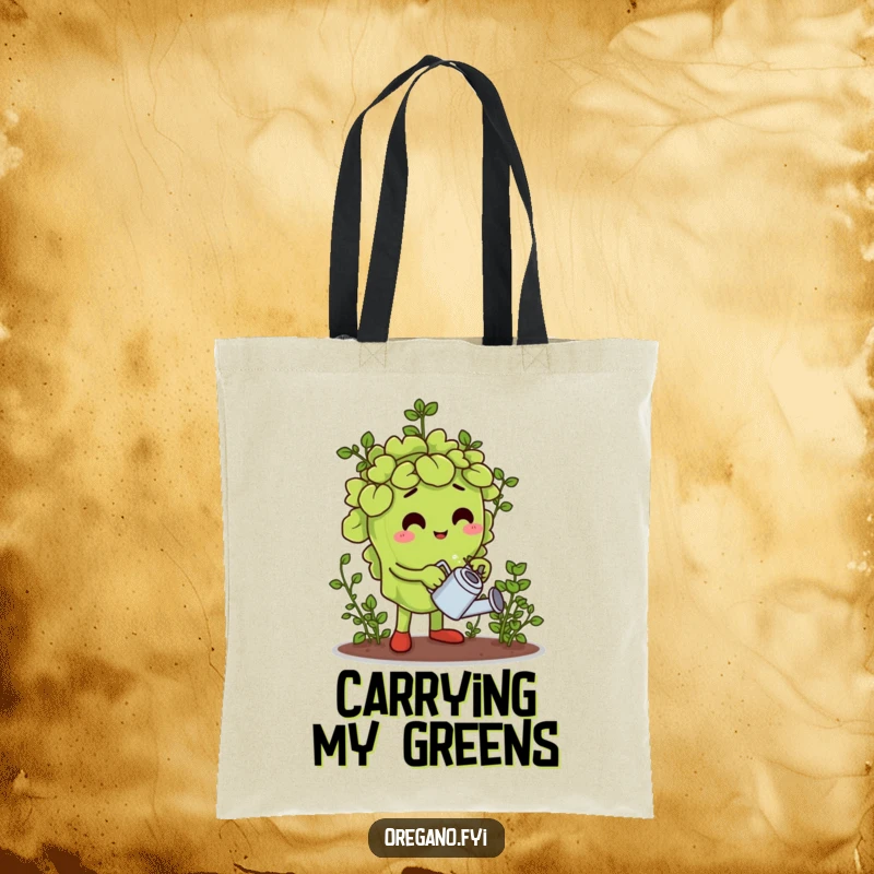 Funny tote bag with an oregano leaf character watering a miniature herb garden, ideal for carrying gardening supplies.