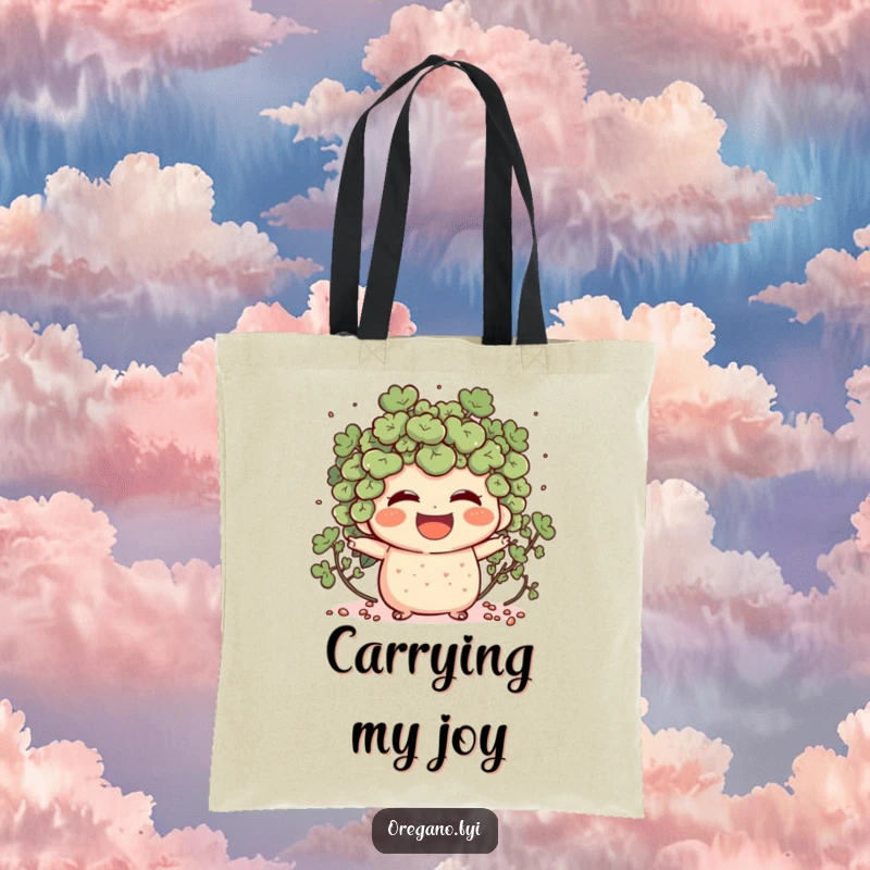 Funny tote bag showcasing an oregano character laughing heartily, with tiny specks scattering around it in a joyful display.