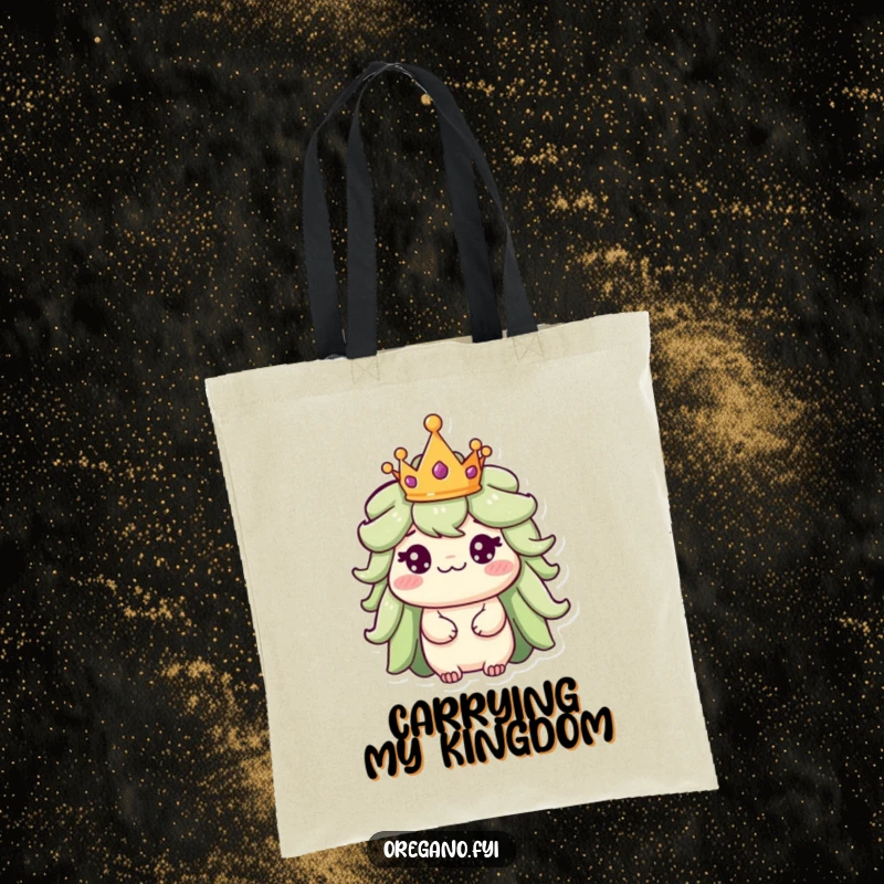 Funny tote bag illustrating a regal oregano character wearing a tiny crown, exuding humorous authority and nobility.