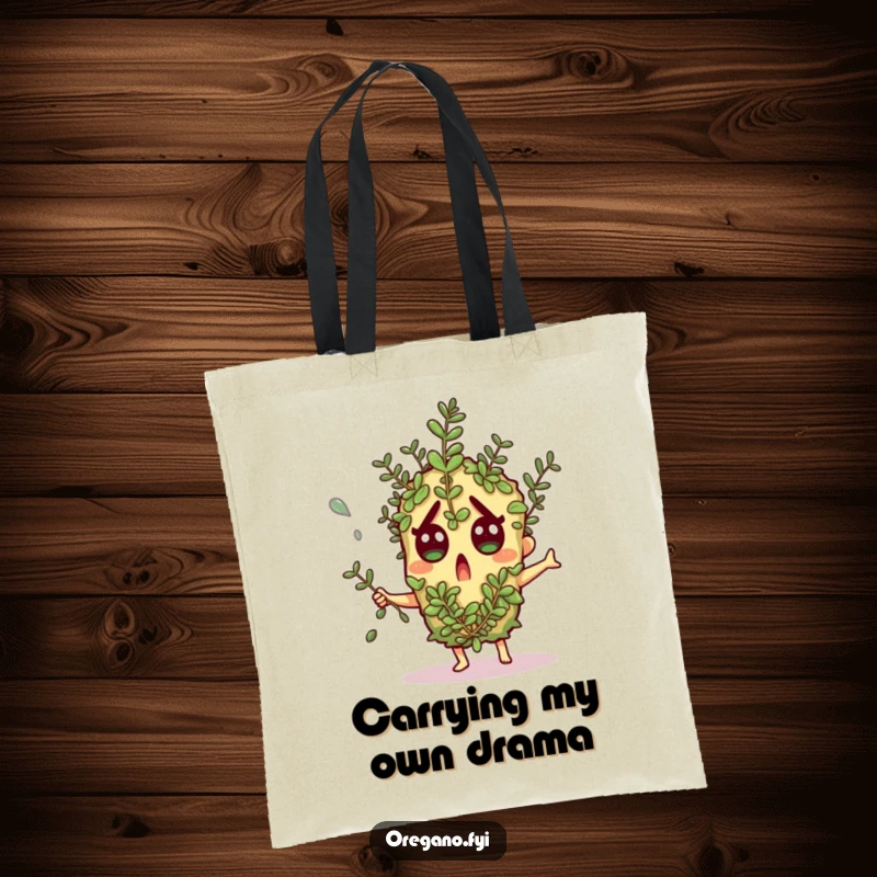 Funny tote bag: An oregano character gasps, comically dodging a falling herb sprig, showcasing surprise and quick reflexes.