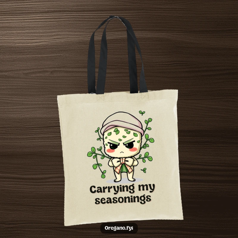 Funny tote bag featuring a determined oregano character struggling to tie a culinary bow, a humorous and practical accessory.