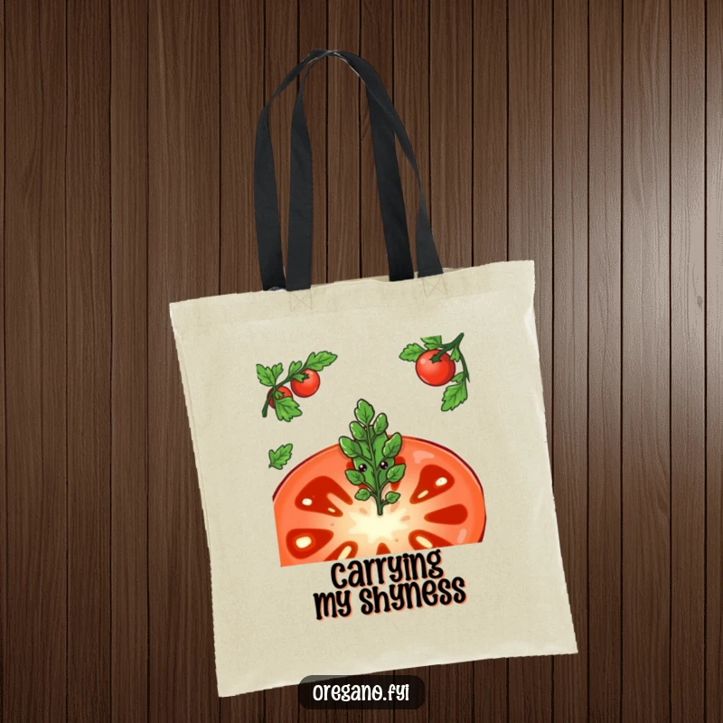 Funny tote bag with a shy oregano leaf character peeking from behind a large tomato slice, perfect for carrying everyday items.