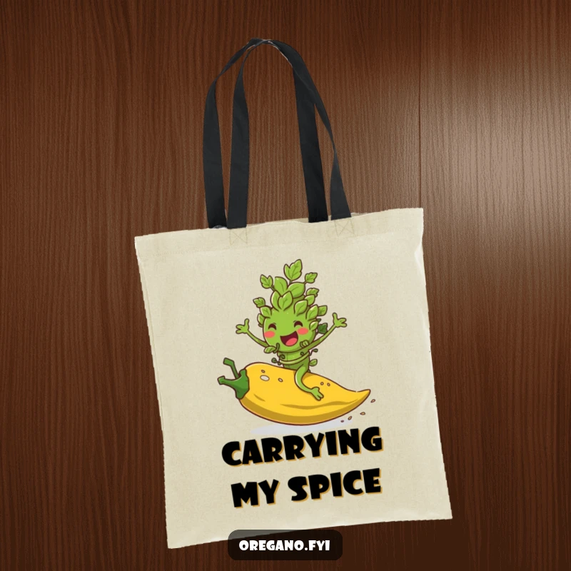 Funny tote bag with an oregano leaf character joyfully riding a rolling pepper flake, symbolizing spice and adventure.
