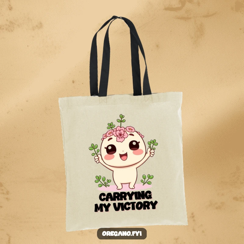 Funny kawaii oregano sprig character energetically cheering with its small leaves raised high on a chic tote bag, ready for anything.