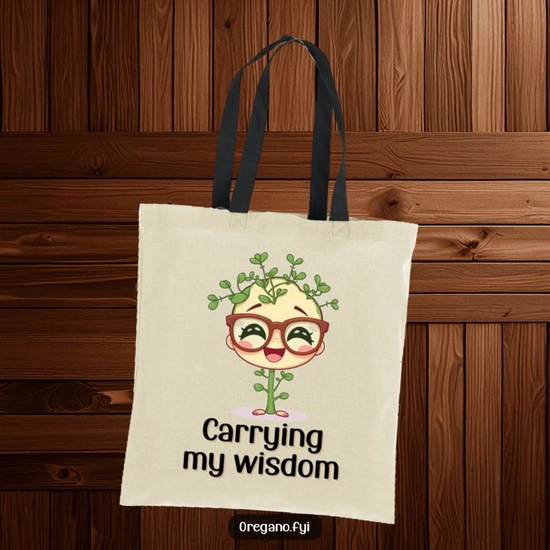 Funny tote bag featuring a giggling oregano sprig wearing comical oversized spectacles, a practical and humorous herb accessory.