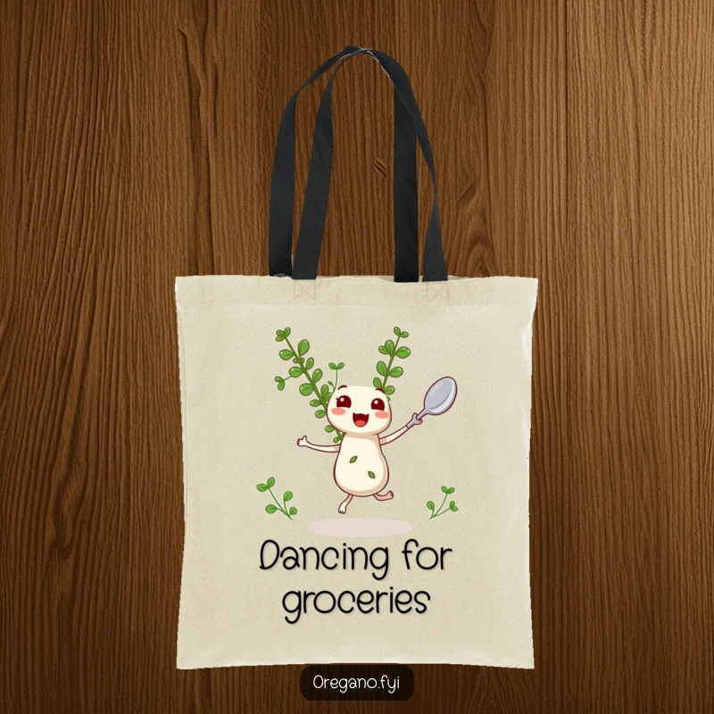 Funny Oregano Tote Bag: A dancing kawaii oregano sprig twirls with a miniature spoon, a stylish and fun grocery companion.