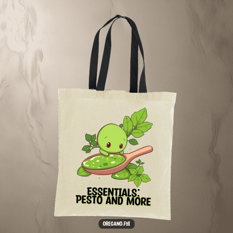 Funny tote bag design: An oregano leaf character curiously explores a giant serving of pesto, perfect for grocery runs and quirky style.