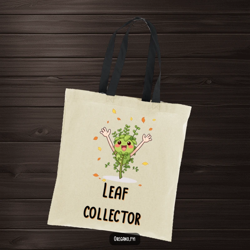 Funny tote bag with an excited oregano sprig, arms wide, catching vibrant falling leaves, celebrating autumn's arrival.