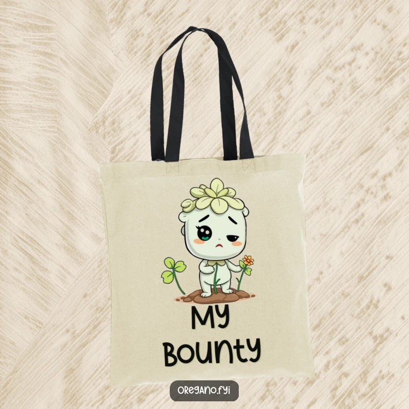 Funny tote bag with a determined oregano character trying to sprout a flower, symbolizing perseverance and goals.