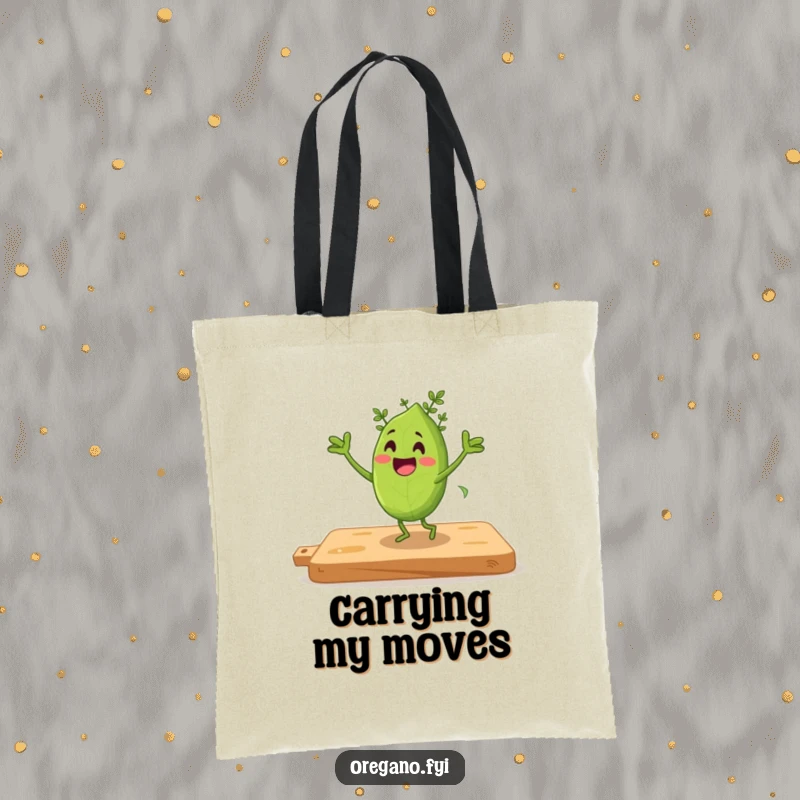 Funny tote bag featuring an oregano leaf character doing an energetic jig on a cutting board.